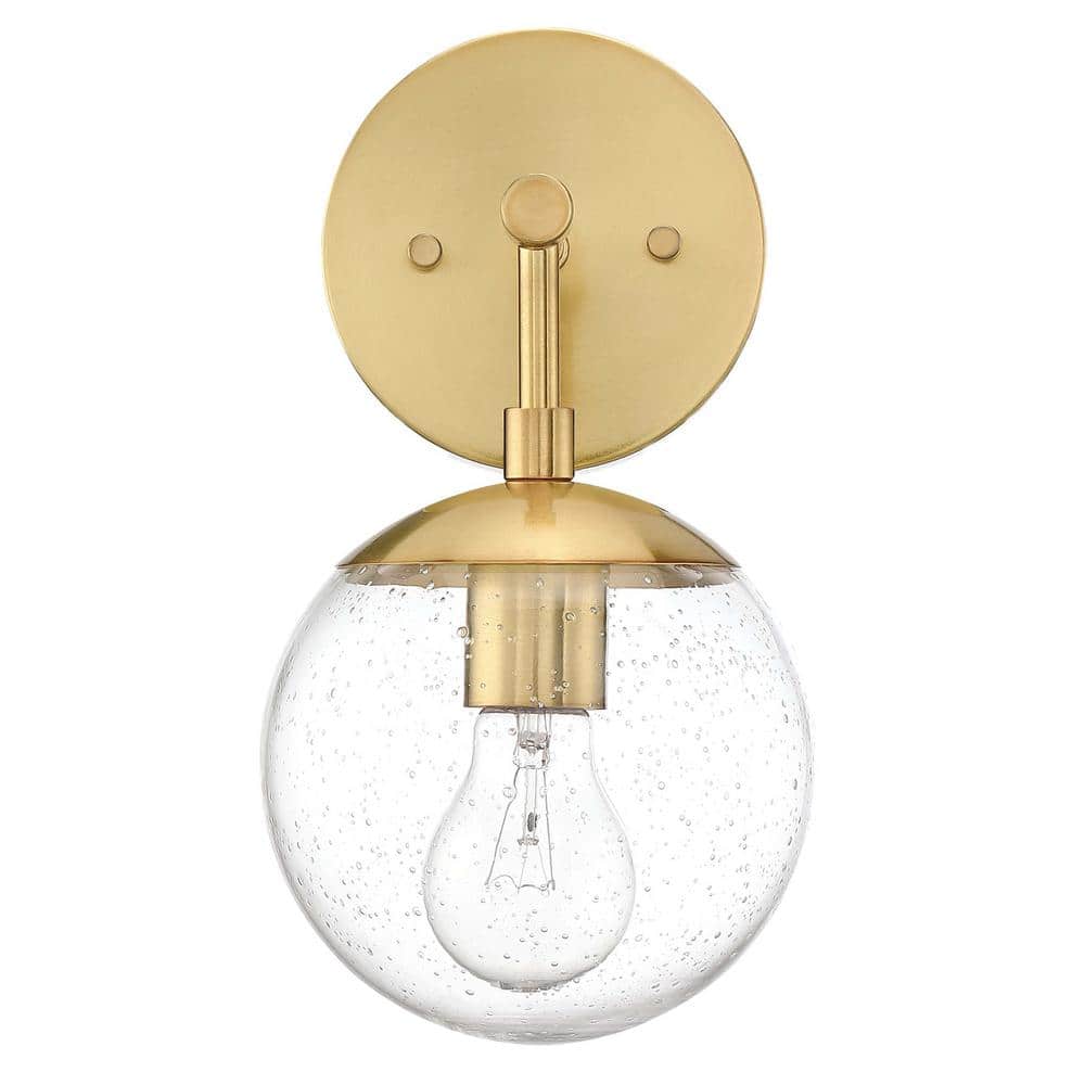 Satin Gold Dimmable Wall Light with Seedy Glass Shade