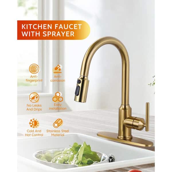 Gold 15 in. H Pull Down Sprayer Kitchen Faucet with 360-Degree Spout Swivel