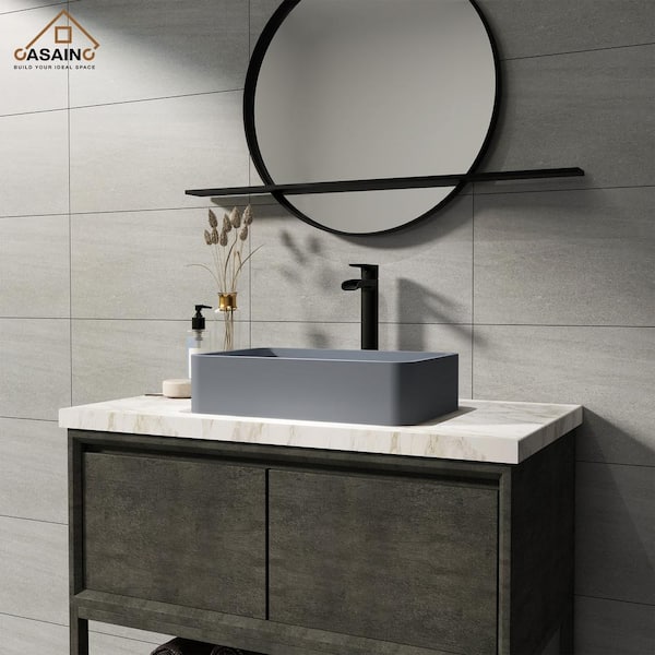 Concrete Art Basin Rectangular Bathroom Vessel Sink in Blue Ashes with The Same Color Drainer