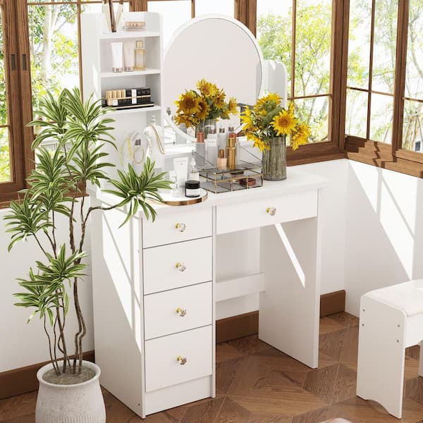 FUFU&GAGA 5-Drawers White Makeup Vanity Table Set with Stool FUFU&GAGA 5-Drawers White Makeup Vanity Table Set with Stool