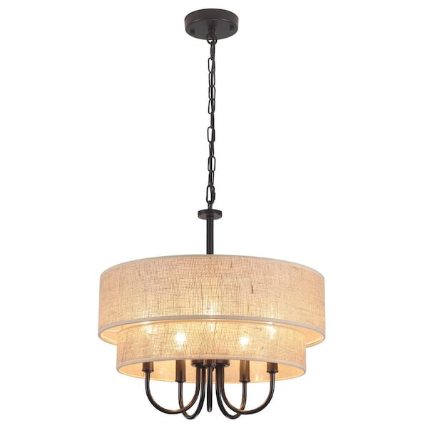 5-Light Black Candlestick Chandelier Linear Chandelier Lighting with Burlap Cloth Cover for Kitchen Island