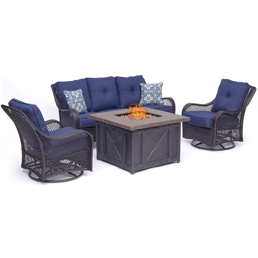 Steel Patio Fire Pit Seating Set, Wicker Patio Furniture Set With Swivel Chairs