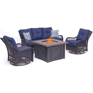 Orleans 4-Piece Woven Steel Patio Fire pit Seating Set with Navy Blue Cushions, Sofa, Swivel Gliders and Fire pit