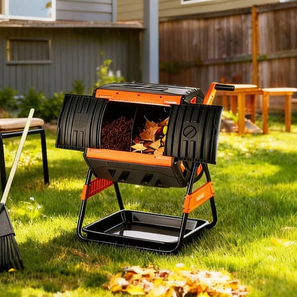 Compost Tumbler, Large Easy-Turn Rotating Composting Bin, 53 Gal. Dual Chamber Outdoor Tumbling Composter
