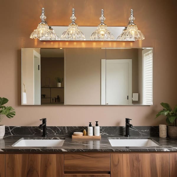 Home Lighting 30.71 in. 4-Light Chrome Vintage Bathroom Vanity Light with Flower Glass Shade Over Mirror for Bathroom