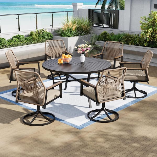 7-Piece Black Metal Patio Outdoor Dining Set with Round Table and Woven Rope Swivel Chair with Beige Cushions