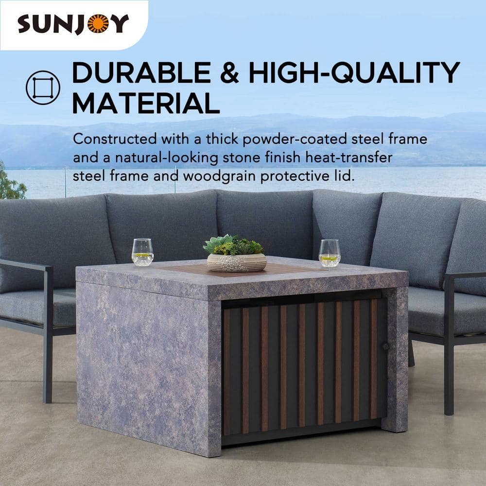 Sunjoy 38" Square Stone and Steel Propane Fire Pit Table