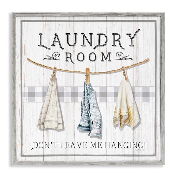 Laundry Room Hanging Towels by Elizabeth Tyndall Gray Framed Giclee Art Print Typography 12 in. x 12 in.