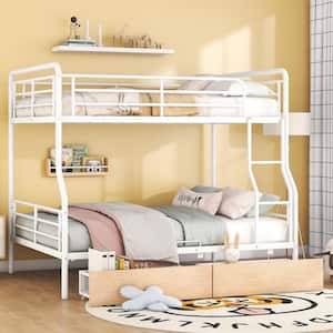 White Full XL Over Queen Metal Bunk Bed with 2-Drawers