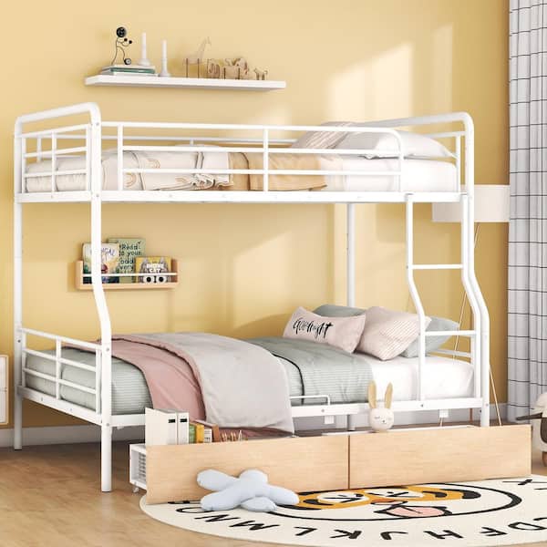 Polibi White Full XL Over Queen Metal Bunk Bed with 2-Drawers
