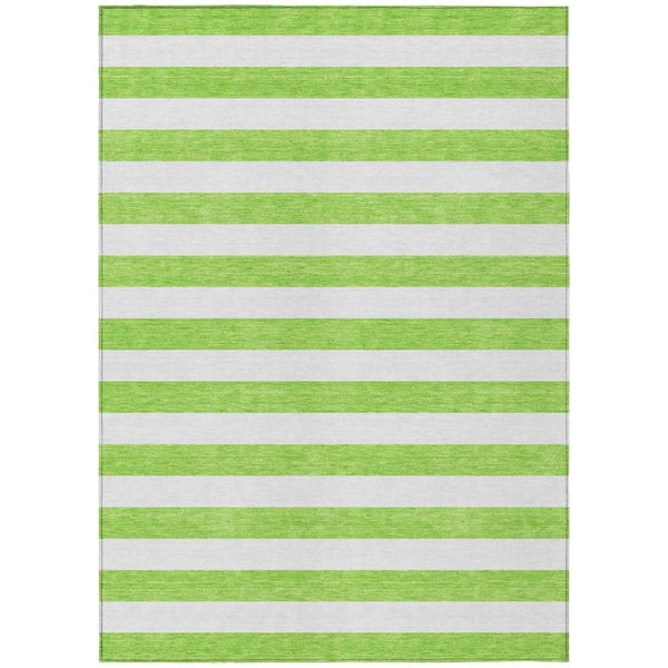 Green and White 8 ft. x 10 ft. Woven Striped Polyester Rectangle Indoor/Outdoor Area Rug