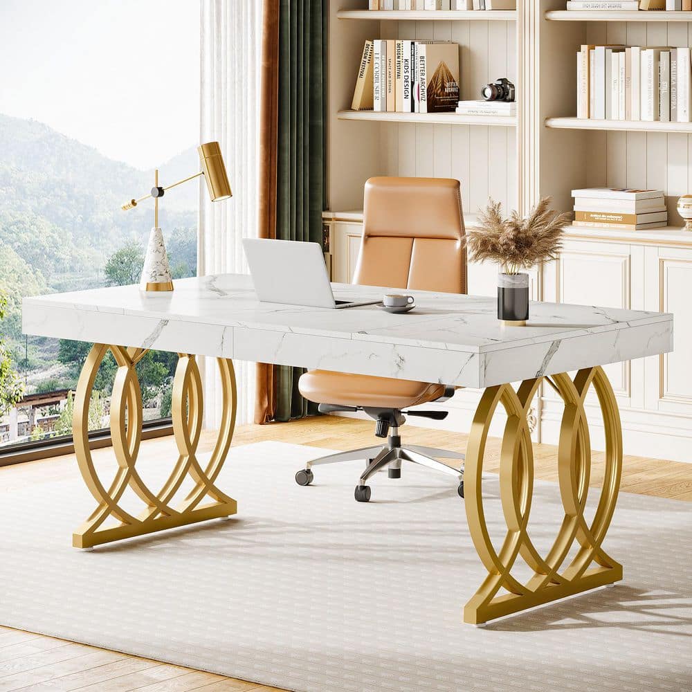 63 in. Rectangular White and Gold Wood Computer Desk with Metal Base, Modern Executive Office Desk Study Writing Table price history on PriceWatchPro