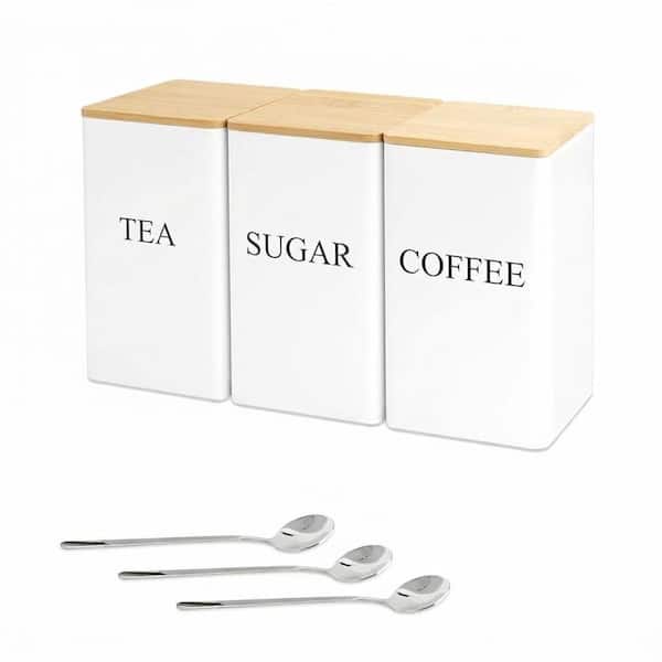 Tea Coffee Sugar Kitchen Canister Set 3 Pieces Black Powder-Coated Glass Material Jars with Bamboo Lids