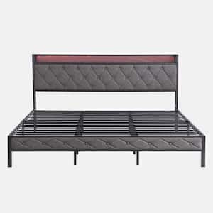 Dark Gray Metal Frame King Platform Bed with Storage Headboard, Charging Station, and LED Lights