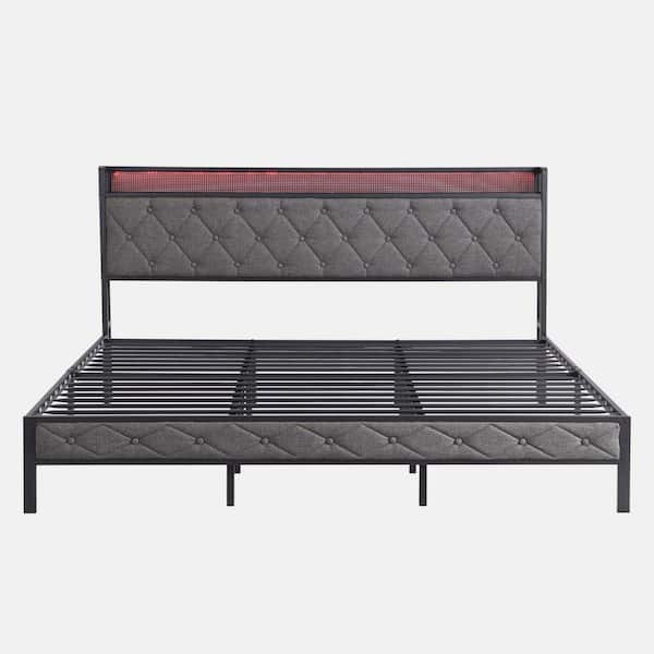 Dark Gray Metal Frame King Platform Bed with Storage Headboard, Charging Station, and LED Lights