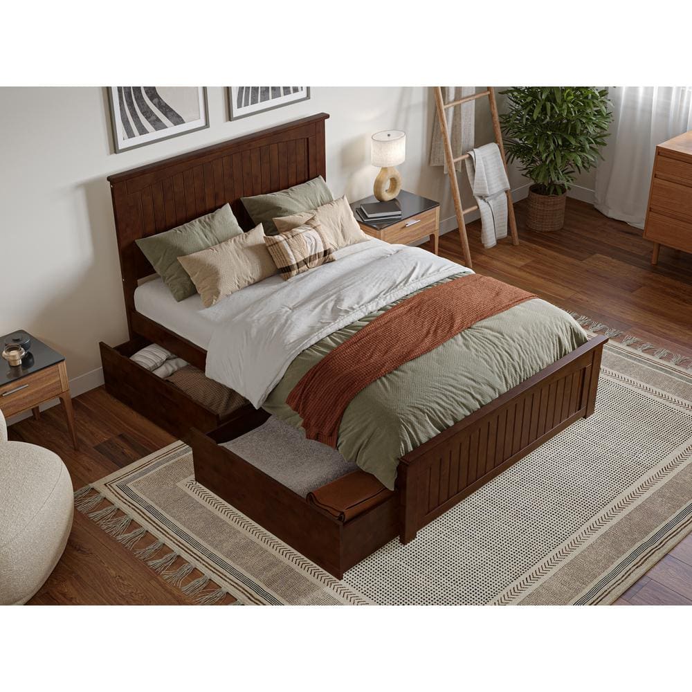 Nantucket Walnut Full Wood Platform Bed with Storage Drawers