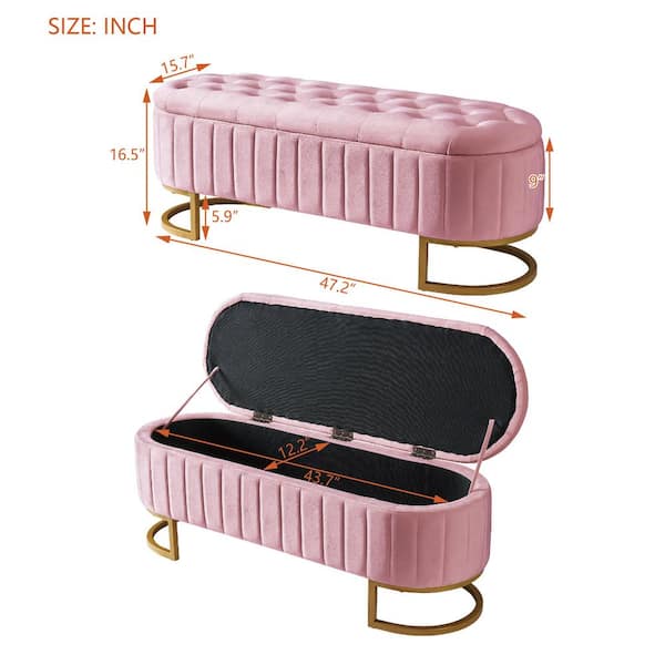 Pink 47 in. Velvet Upholstered Bedroom Bench Storage Ottoman with Button-Tufted Storage Bench with Metal Legs