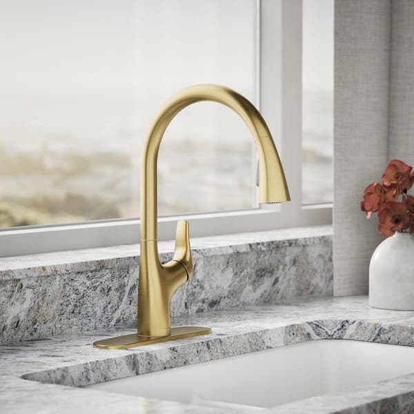 Trove Single Handle Pull Down Sprayer Kitchen Faucet in Vibrant Brushed Moderne Brass