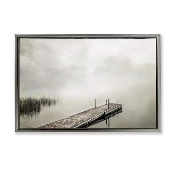 Stupell Industries Mysterious Foggy Lake Dock by Peter Hawkins Gray Floater Frame Nature Graphic Art Print 17 in. x 25 in.