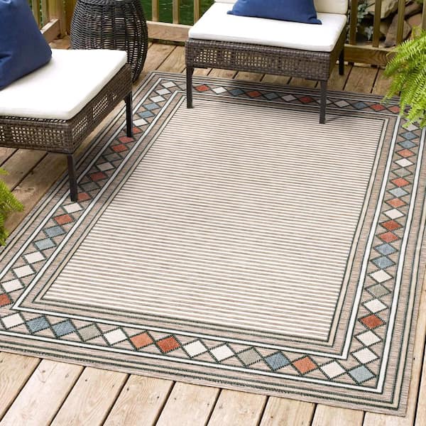 JONATHAN Y Sebastian Approximate Rug Size (5 x 8 ft.) High-Low Modern Brown/Ivory Diamond Border Indoor/Outdoor Area Rug