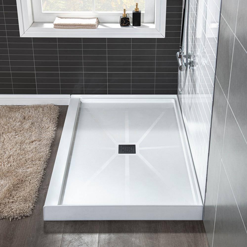 60" White Solid Surface Rectangular Shower Pan with Matte Black Drain Cover