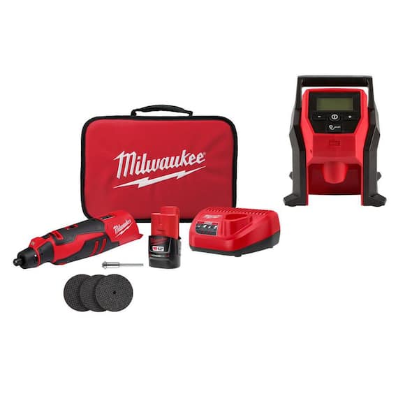 M12 12V Lithium-Ion Cordless Brushless Rotary Tool with (1) 2.0 Ah Battery Pack, Charger, and Inflator