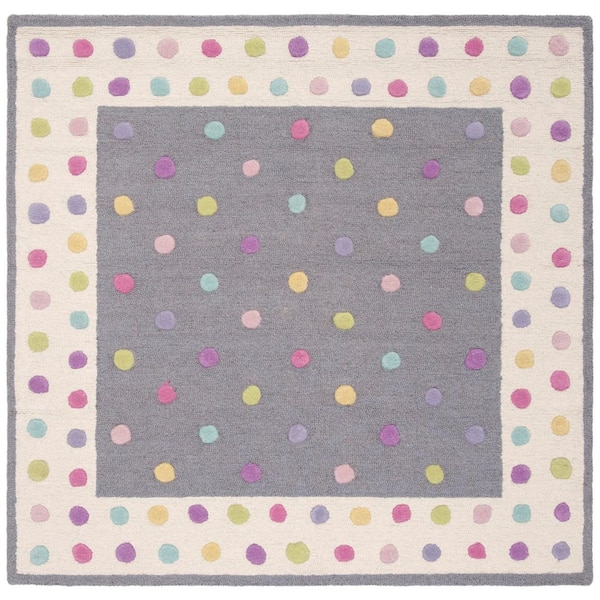 Kids 3 ft. x 3 ft. Gray/Multi Border Polka-Dot Square Area Rug