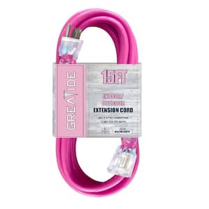 15 ft. 12/3 Heavy Duty Outdoor Extension Cord with 3 Prong Grounded Plug-15 Amps Power Cord Pink