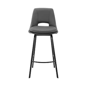 30 in. Elegant Grey Faux Leather and Black Metal Armless Swivel Bar Stool