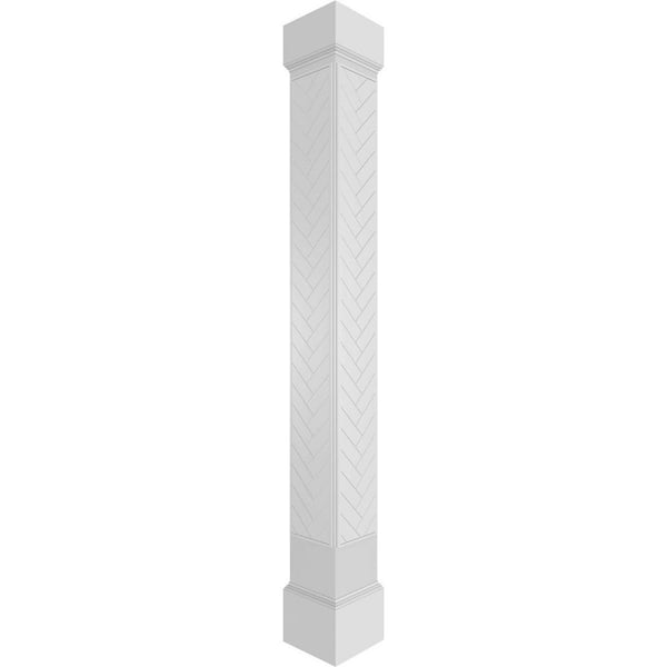 Ekena Millwork 7-5/8 in. x 8 ft. Premium Square Non-Tapered Herringbone Modern Fretwork PVC Column Wrap Kit w/Mission Capital and Base