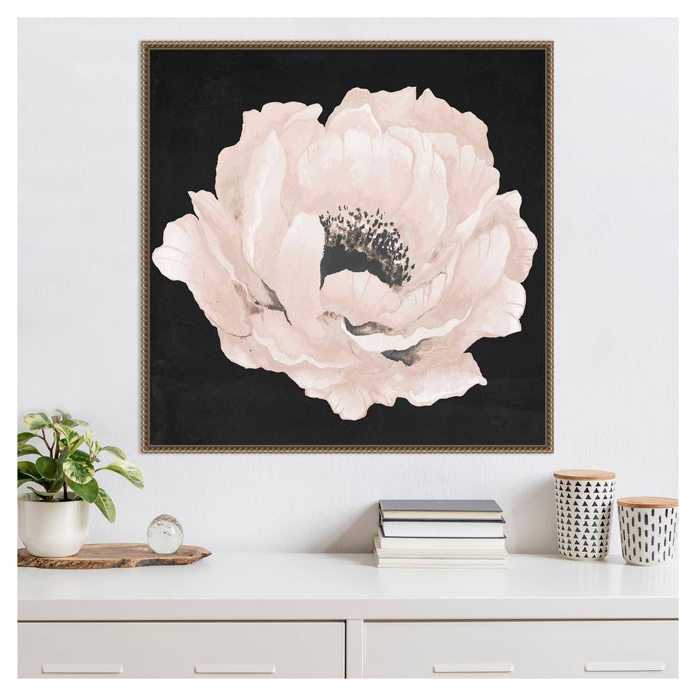 Pink Flower on Black Canvas with Bronze Beaded Frame