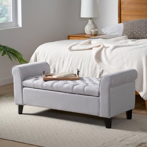 Polibi 50 in. Light Gray Button-Tufted Upholstered Rectangle Ottoman with Lift Top
