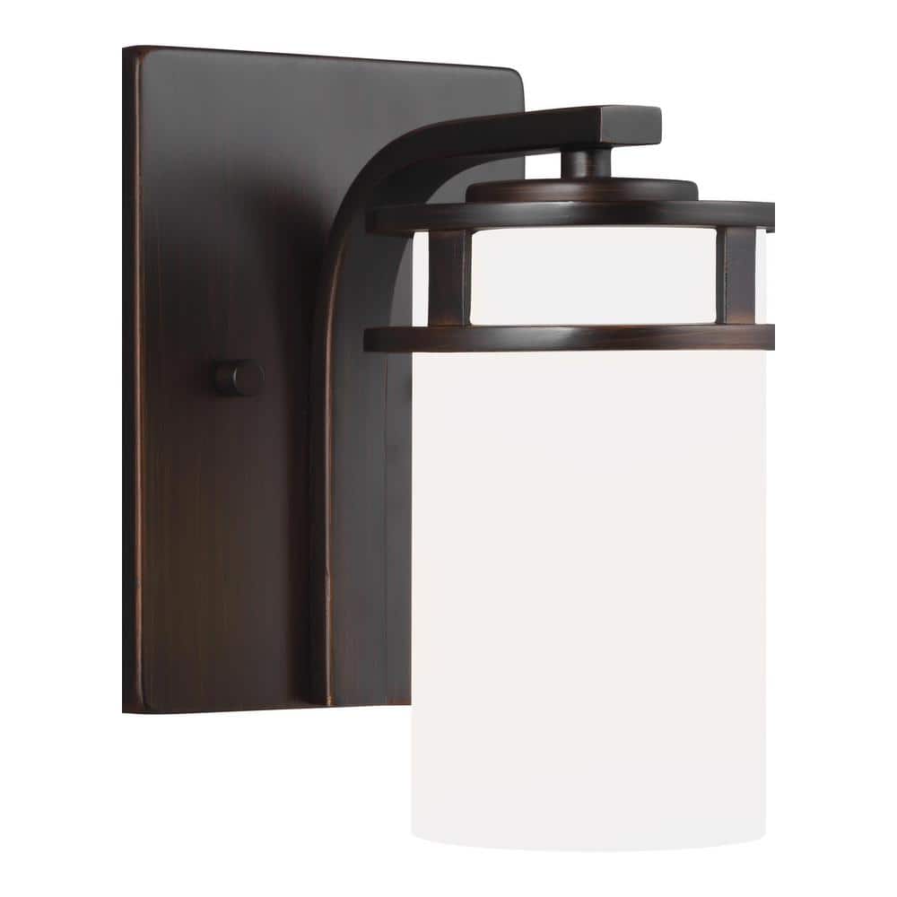 Bronze 1-Light Cylinder Wall Sconce with Etched Glass Shade
