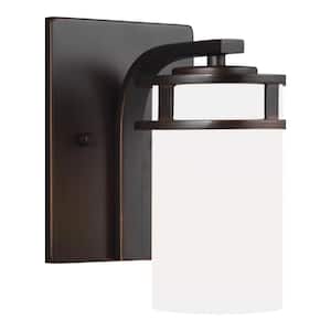 Robie 5 in. 1-Light Bronze Transitional Bathroom Vanity Light Wall Sconce with Etched White Glass Shade