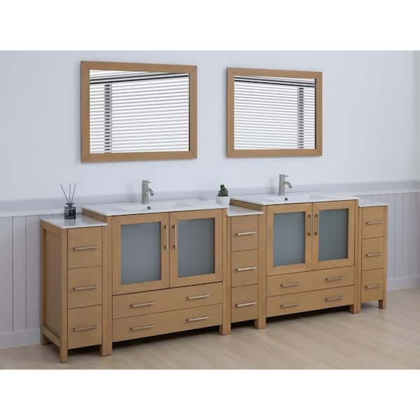 108 in. W x 18 in. D x 36 in. H Natural Oak Bath Vanity with White Ceramic Top and Mirror