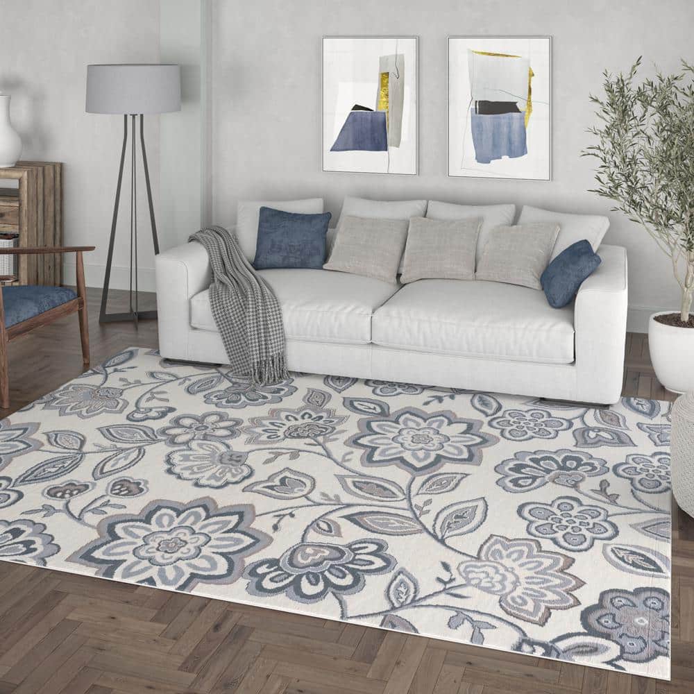Cream Floral Synthetic 5' x 7' Reversible Area Rug
