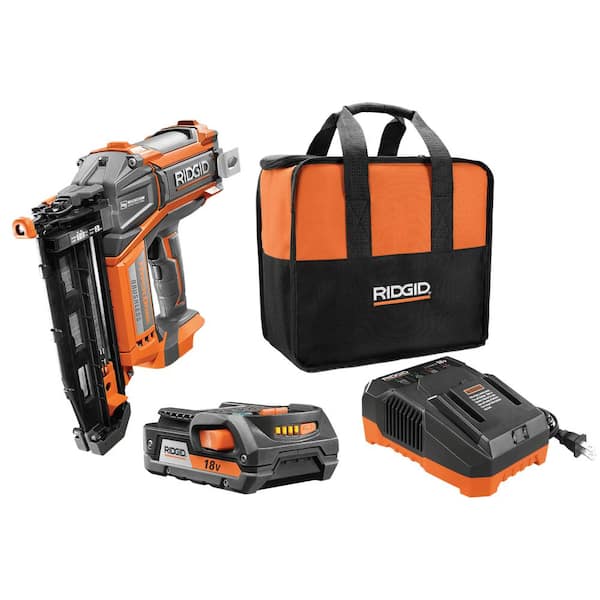 RIDGID 18V Brushless HYPERDRIVE 16GA 2-1/2 in. Straight Finish Nailer, Battery, Charger, Bag and 4.0 Ah MAX Output Battery