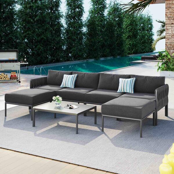 Polibi 6-Piece Metal Frame Outdoor Patio Conversation Set with Gray Removable Cushions and Pillows