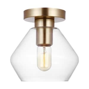 Jett 8 in. 1-Light Satin Brass Transitional Dimmable Indoor/Outdoor Flush Mount with Clear Glass Shade