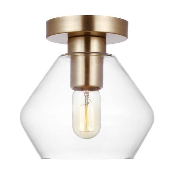 Generation Lighting Jett 8 in. 1-Light Satin Brass Transitional Dimmable Indoor/Outdoor Flush Mount with Clear Glass Shade