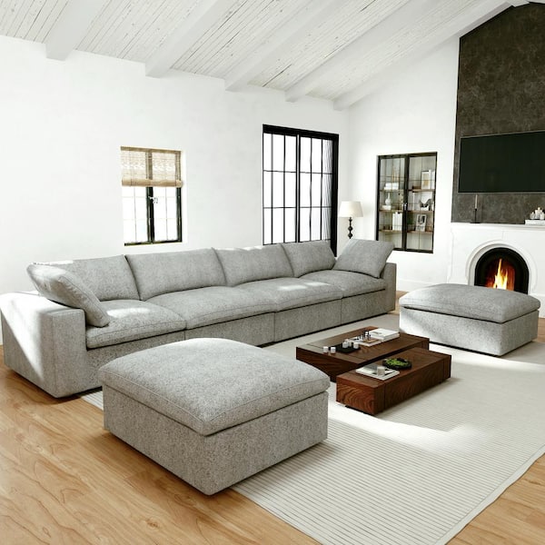 157 in. Square Arm 6-Piece Linen U-shaped Sectional Sofa Cloud Couch in Gray with Storage Ottomans