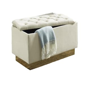 Cream Button-Tufted Storage Ottoman with Gold Base