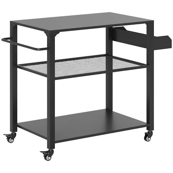 Outsunny 3-Shelf Black Outdoor Grill Cart, 31.5 in. x 19.7 in.Pizza Oven Stand Grilling Set with Storage Rack, Side Handle Wheels