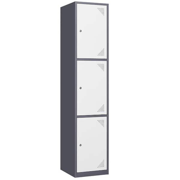 Mlezan 3-Tier Tall Locker Cabinet with Keys Metal Storage Locker 17 in. D x 15 in. W x 71 in. H in Grey White