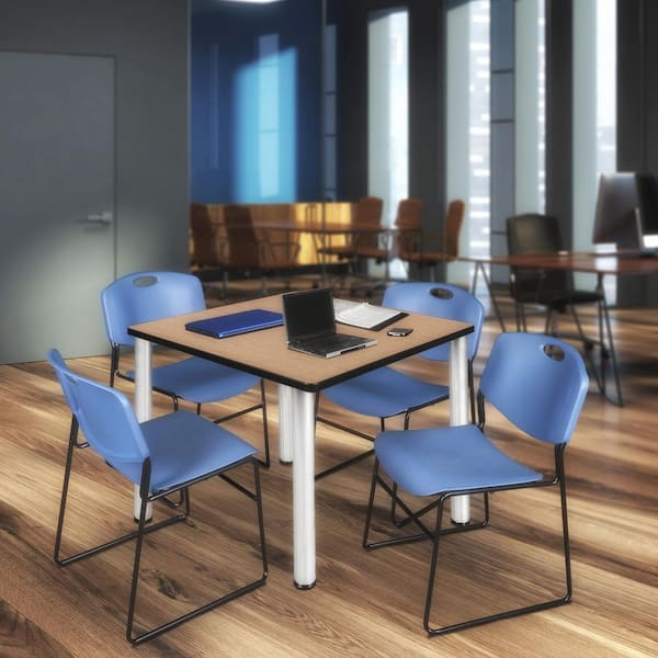 Kee 42 in. Noble Oak Square Breakroom Table Desk and 4 Zeng Stack Chairs-Blue