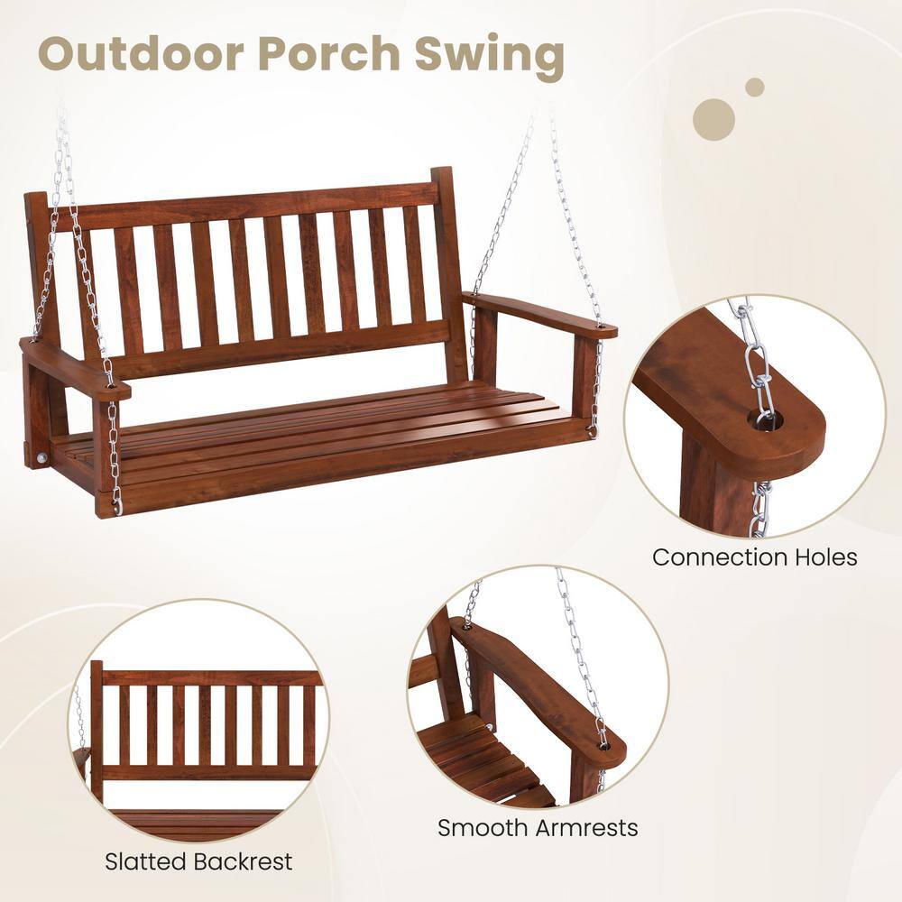 Brown Solid Wood 2-Person Outdoor Porch Swing with Metal Chains