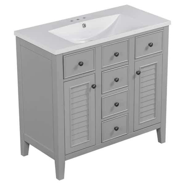 Runesay 35 in. W x 17.9 in. D x 33.4 in. H Bathroom Vanity in Gray Solid Frame Bathroom Cabinet with Ceramic Basin Top