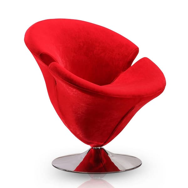 Manhattan Comfort Tulip Modern Red and Polished Chrome Velvet Upholstered Swivel Accent Occasional Chair