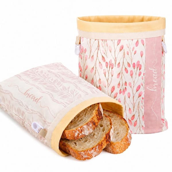 Light Grey and Pink Beeswax Linen Cotton Bread Bags 2-Pack for Sourdough and Homemade Bread Storage Set