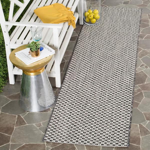 Courtyard Black/Light Gray 2 ft. x 22 ft. Solid Indoor/Outdoor Patio  Runner Rug